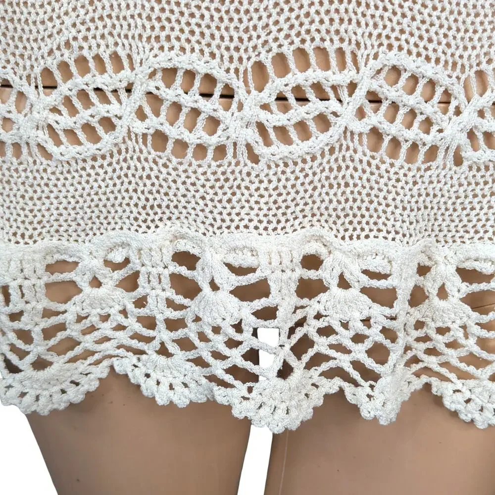 Vintage Joseph A Ivory Open Crochet Knit Sweater Scalloped Pointelle Coquette L